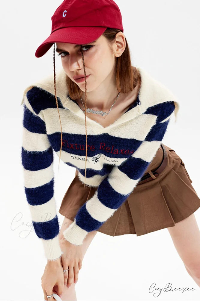 Striped Patchwork Knitted Sweater with Lapel Beige / M