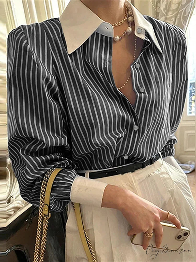 Striped Patchwork Relaxed Long Sleeve Tunic Blouse Black / S blouse-250126