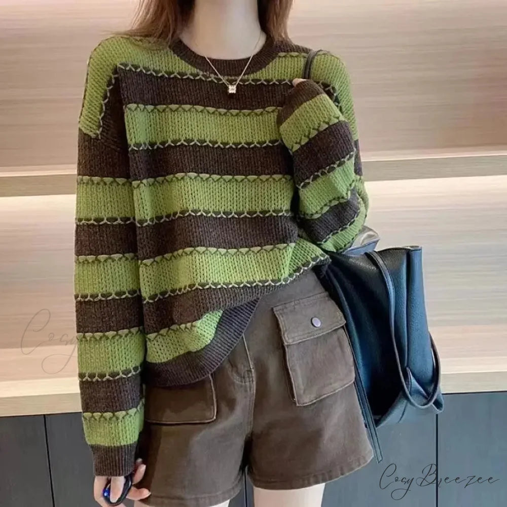 Striped Patchwork Round Neck Korean All-match Sweater Green / S swraters-241228