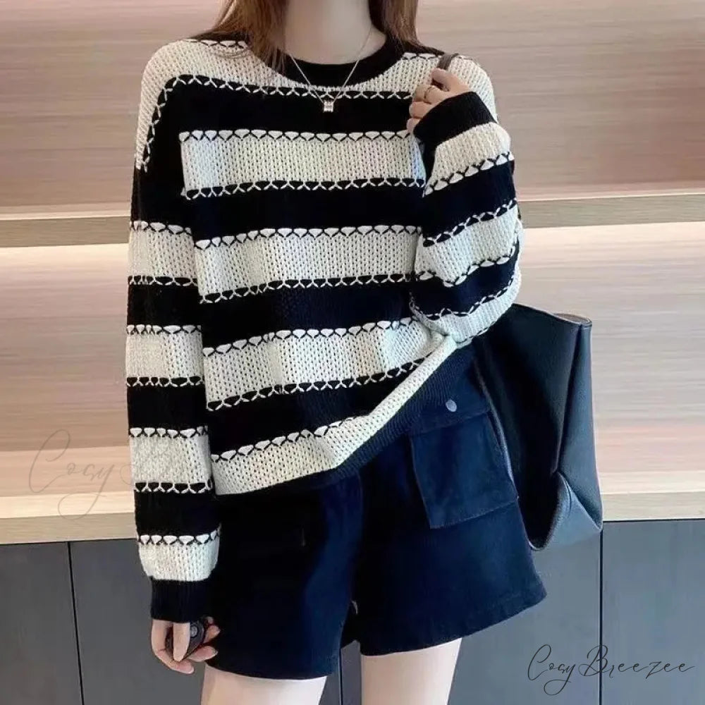 Striped Patchwork Round Neck Korean All-match Sweater swraters-241228