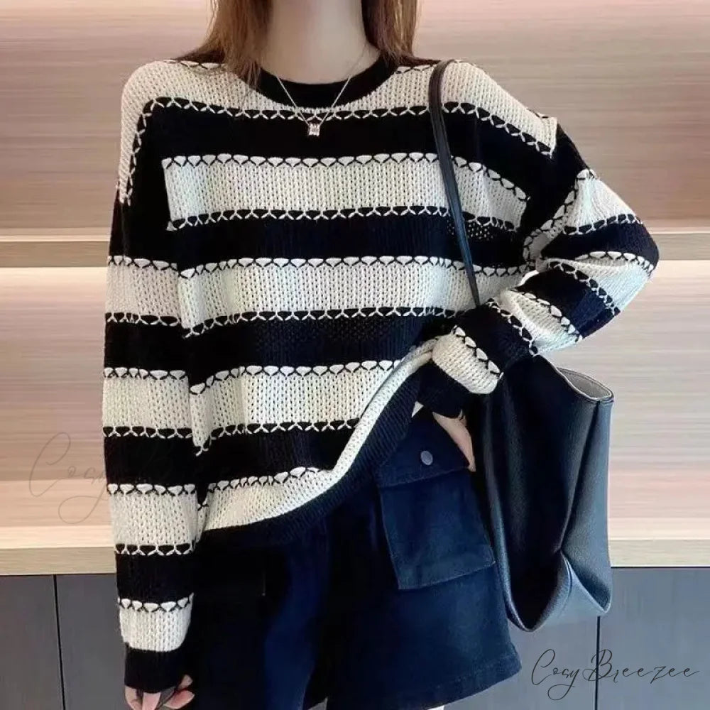 Striped Patchwork Round Neck Korean All-match Sweater White / S swraters-241228
