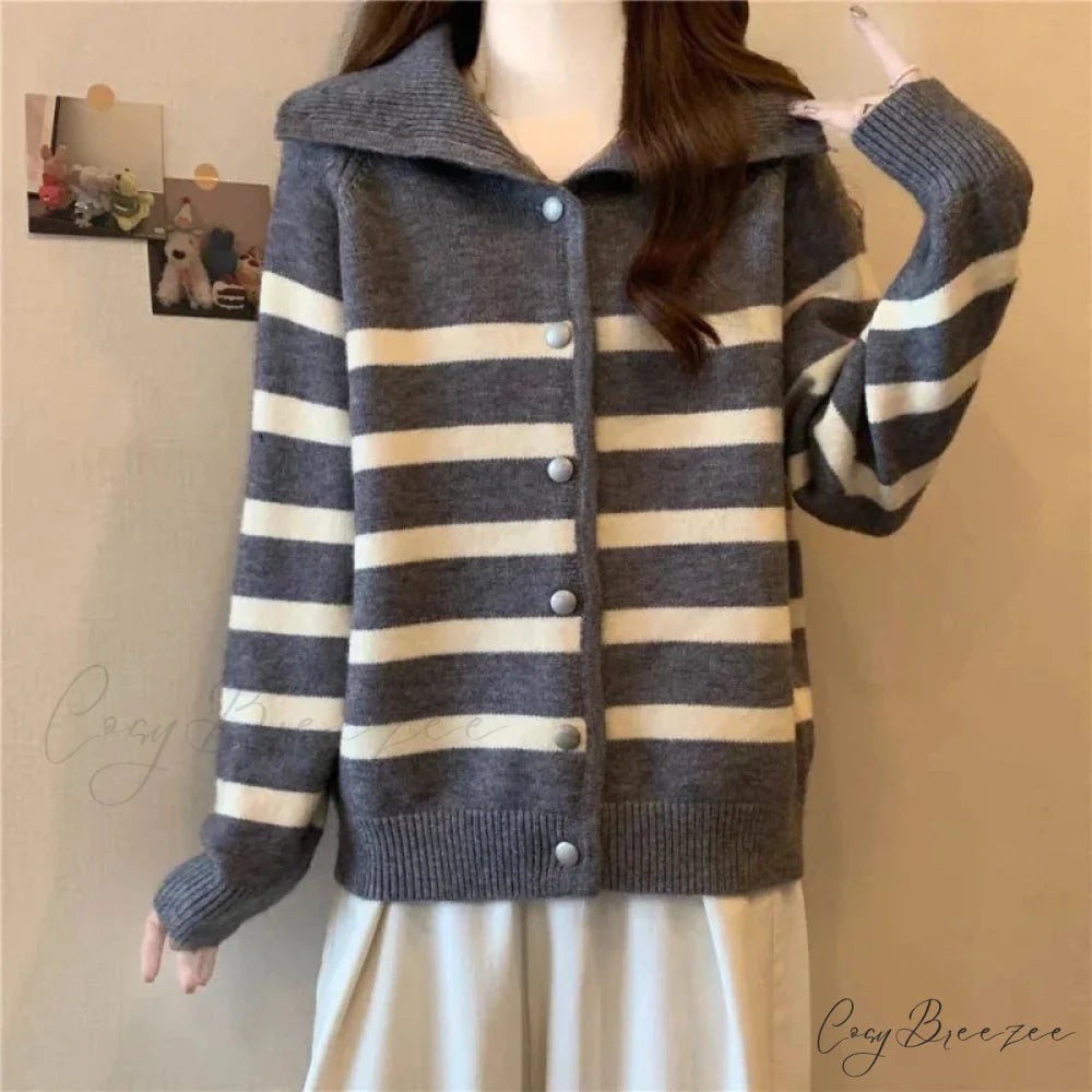 Striped Polo Collar Slimming Cardigan cardigans-241228