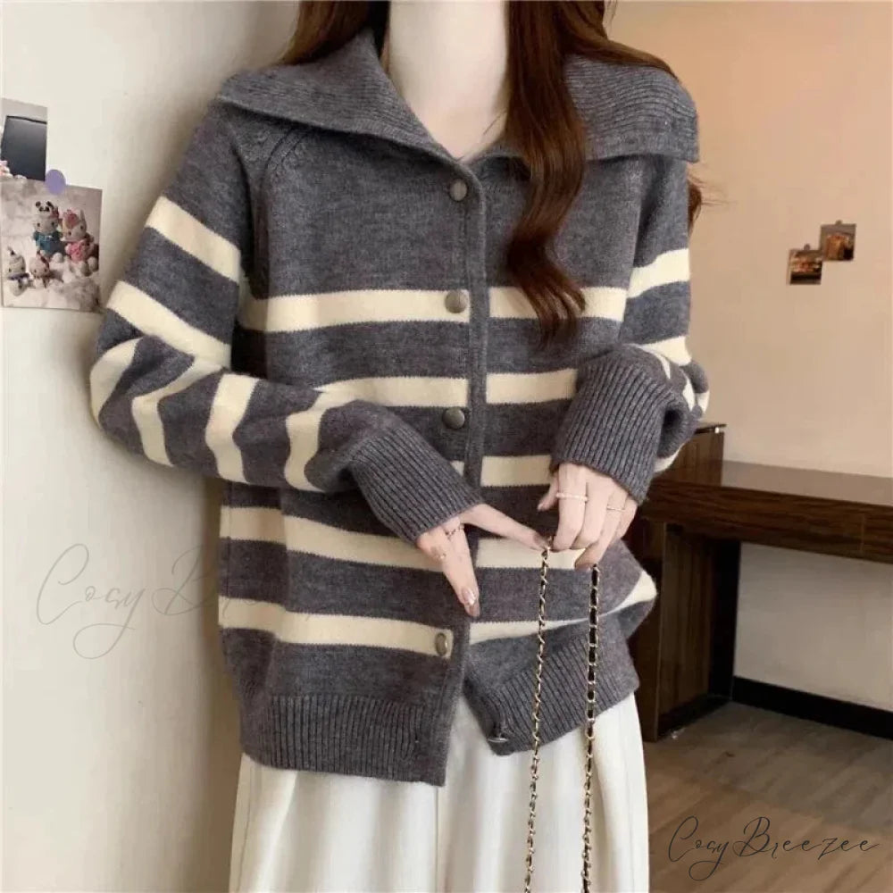 Striped Polo Collar Slimming Cardigan cardigans-241228