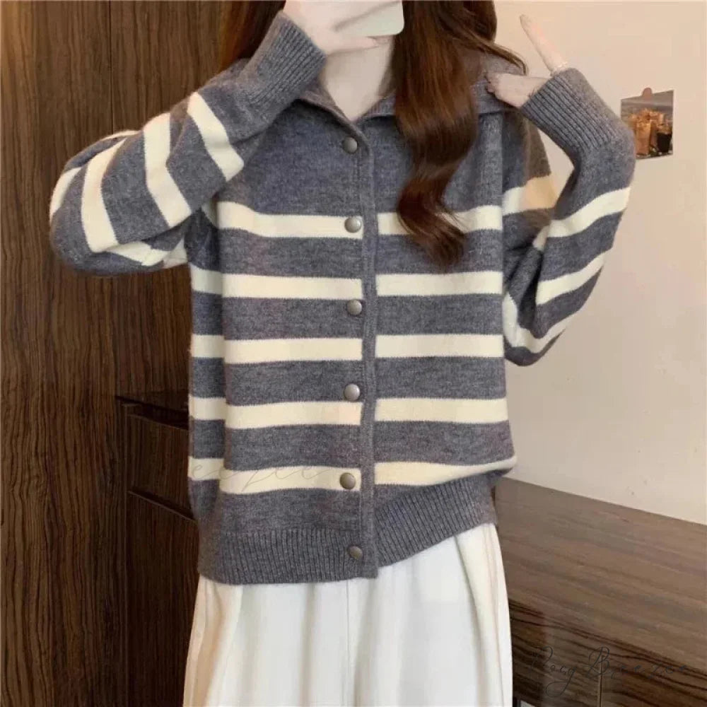 Striped Polo Collar Slimming Cardigan cardigans-241228