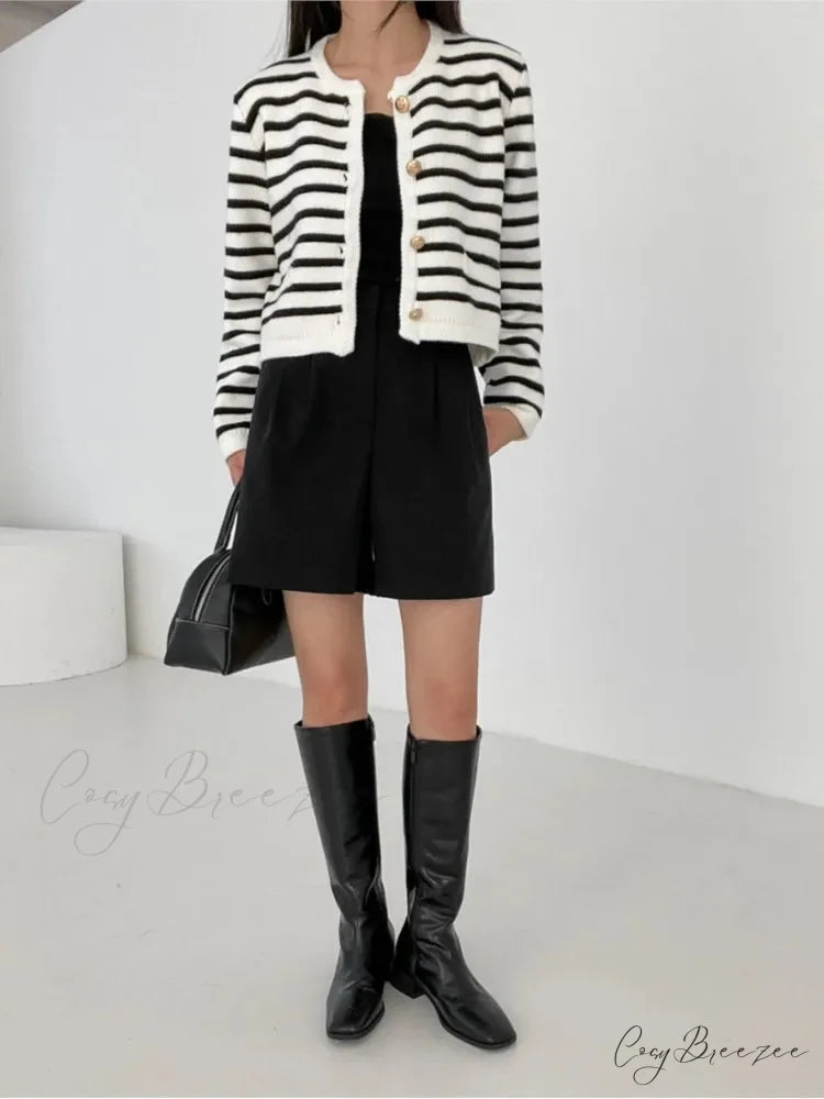 Striped Print Cropped Loose Knit Knit Cardigan cardiagn-250126