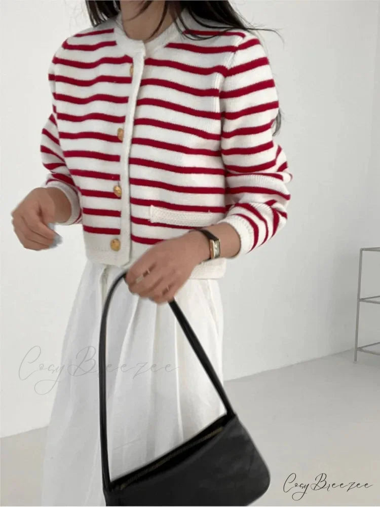 Striped Print Cropped Loose Knit Knit Cardigan cardiagn-250126