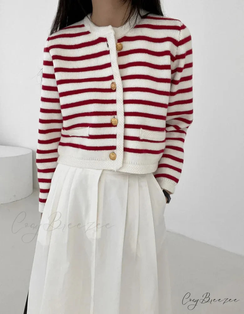 Striped Print Cropped Loose Knit Knit Cardigan Red Top / One Size cardiagn-250126