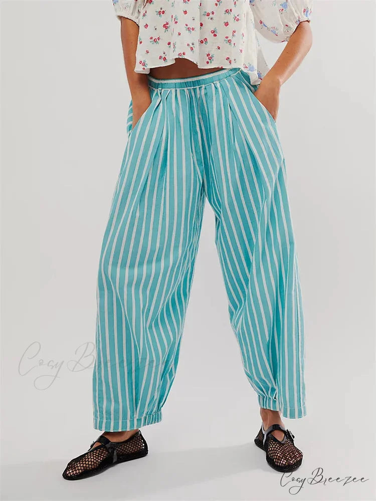 Striped Print Relaxed Stretch Waist Pant GREEN / S pant-250223