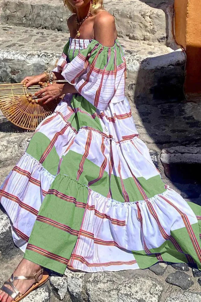 Striped Print Ruffle Sleeve Tiered Dress Green / S