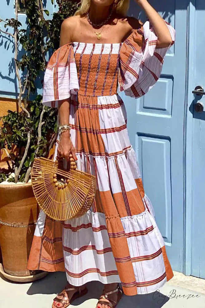 Striped Print Ruffle Sleeve Tiered Dress Orange / L