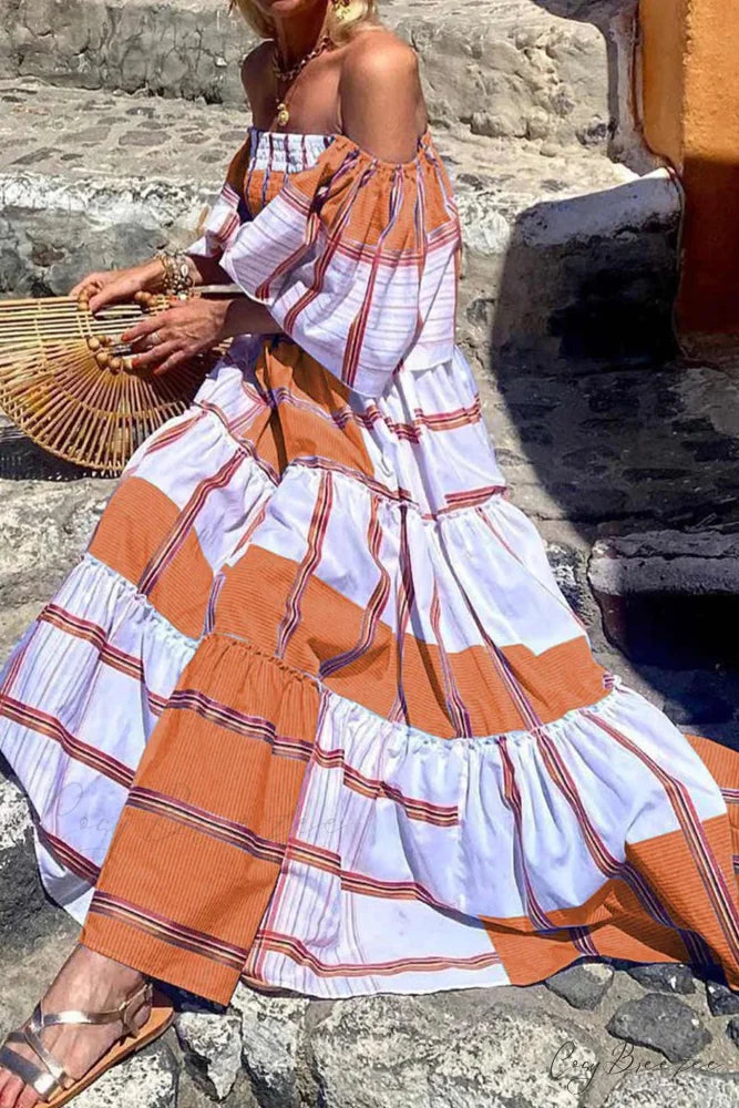 Striped Print Ruffle Sleeve Tiered Dress Orange / M