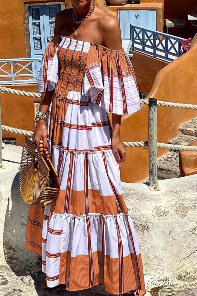 Striped Print Ruffle Sleeve Tiered Dress Orange / S