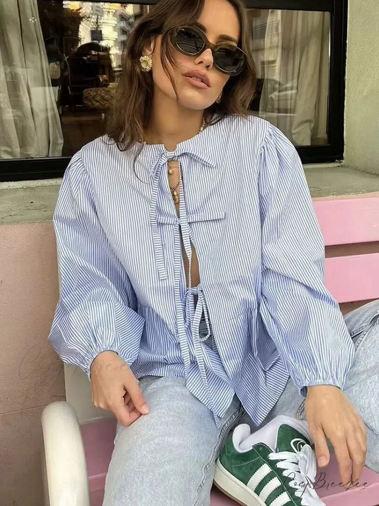 Striped Puff Sleeve Vacation Blouse BLUE / S blouse-250223