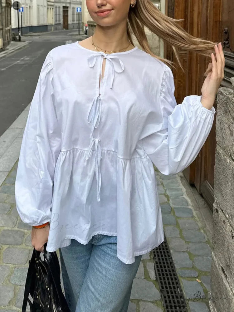 Striped Relaxed Fit Lace-up Crew-neck Blouse blouse-250126