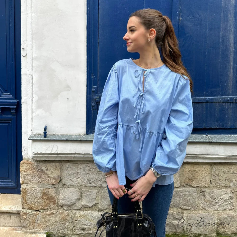 Striped Relaxed Fit Lace-up Crew-neck Blouse Blue / S blouse-250126