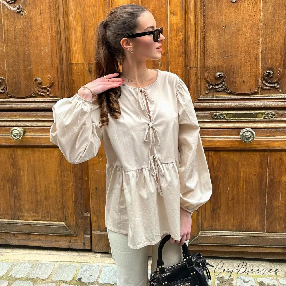 Striped Relaxed Fit Lace-up Crew-neck Blouse Khaki / S blouse-250126