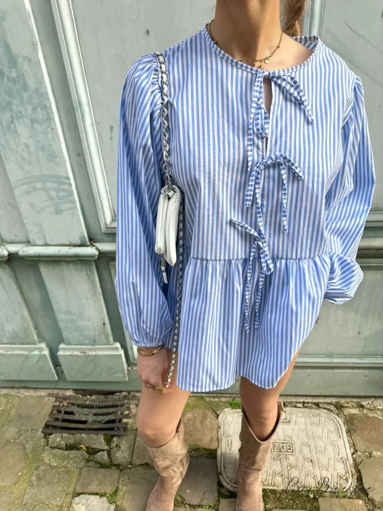 Striped Relaxed Fit Lace-up Crew-neck Blouse Light Blue / S blouse-250126