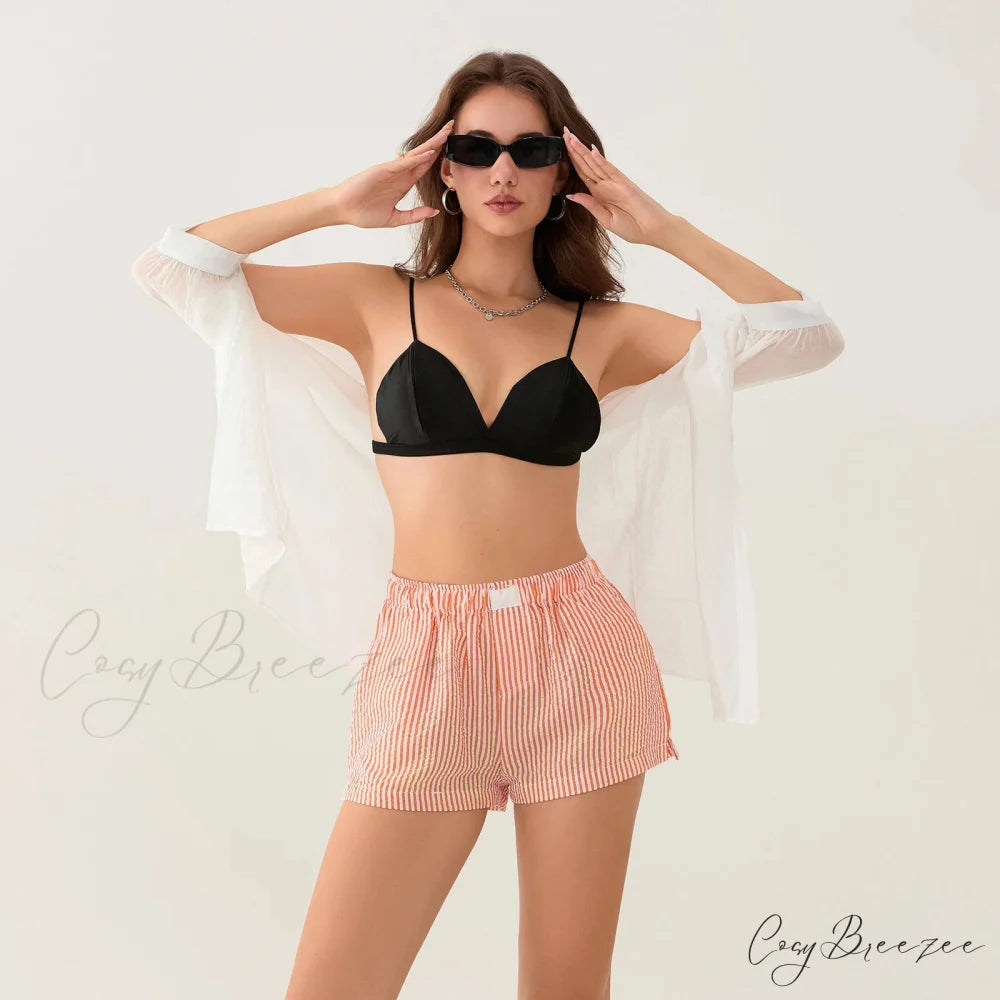 Striped Side Split Elastic Waist Shorts short-250223
