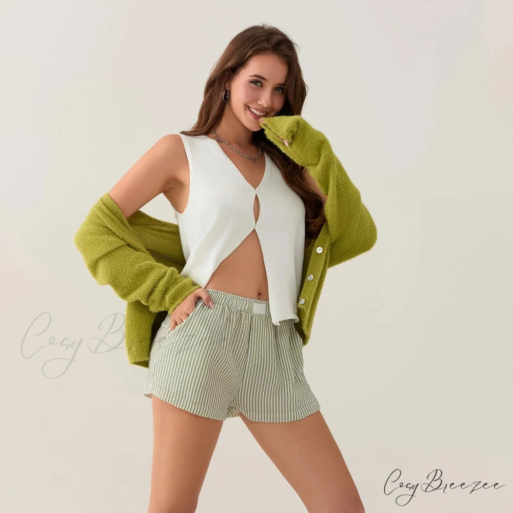 Striped Side Split Elastic Waist Shorts short-250223