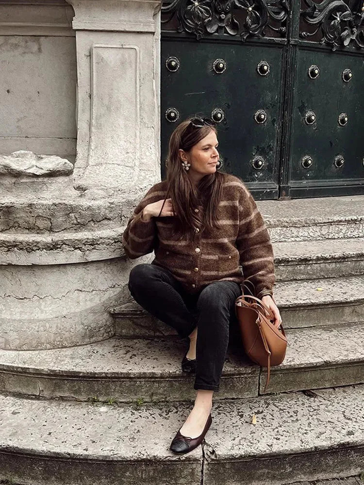 Striped Single Breasted Pocket Cardigan Brown / S cardigans-241228