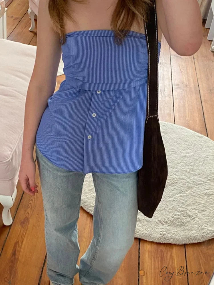 Striped Strapless Tube Crop Top DEEP BLUE / S croptop-250223