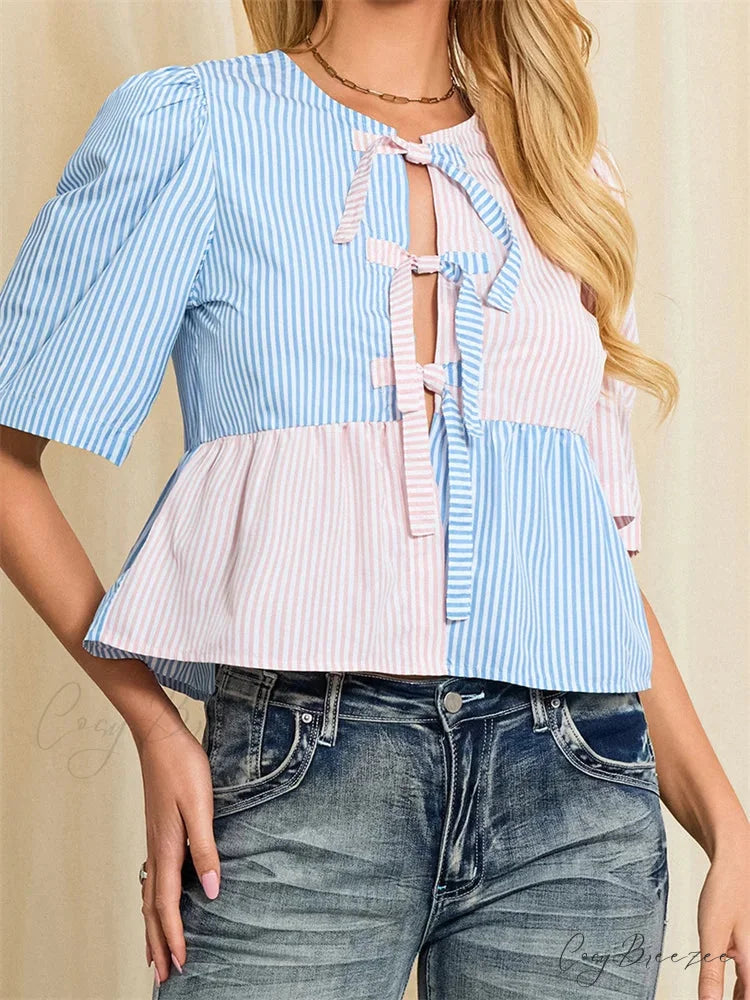 Striped Tie-Up Short Sleeve Shirt blouse-250223