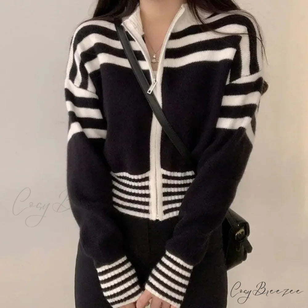 Striped Zipper Stand-Up Collar Cardigan Black / S cardigans-241228
