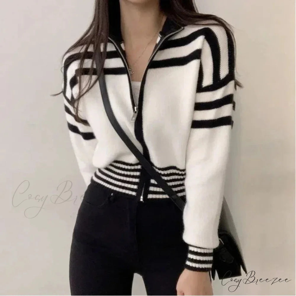 Striped Zipper Stand-Up Collar Cardigan cardigans-241228