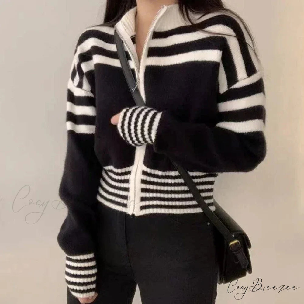 Striped Zipper Stand-Up Collar Cardigan cardigans-241228
