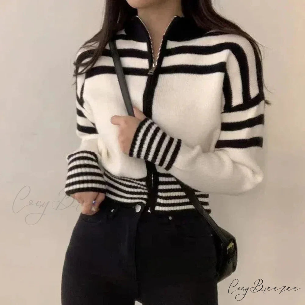 Striped Zipper Stand-Up Collar Cardigan cardigans-241228