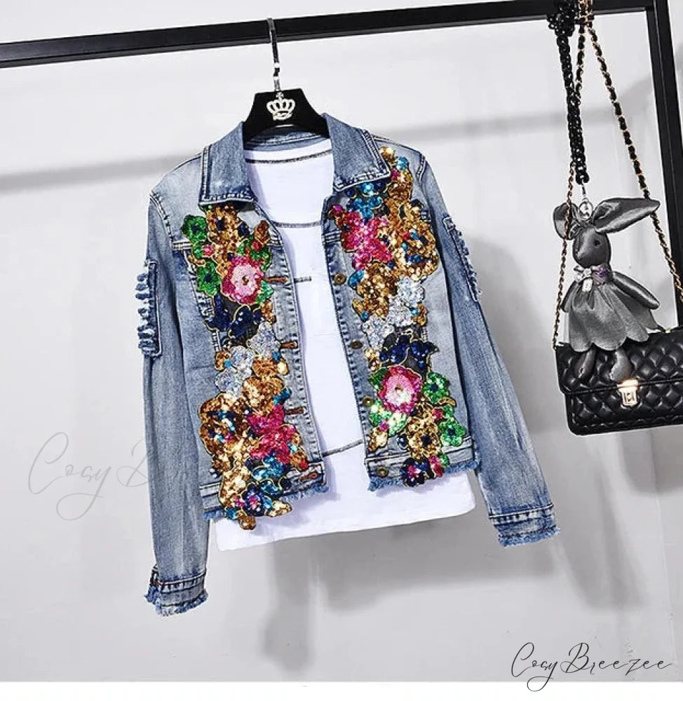 Style European Flower Suit Women Jeans Pants Outfit Jacket & Denim Fashion Sequined Set Only coat 1 / S