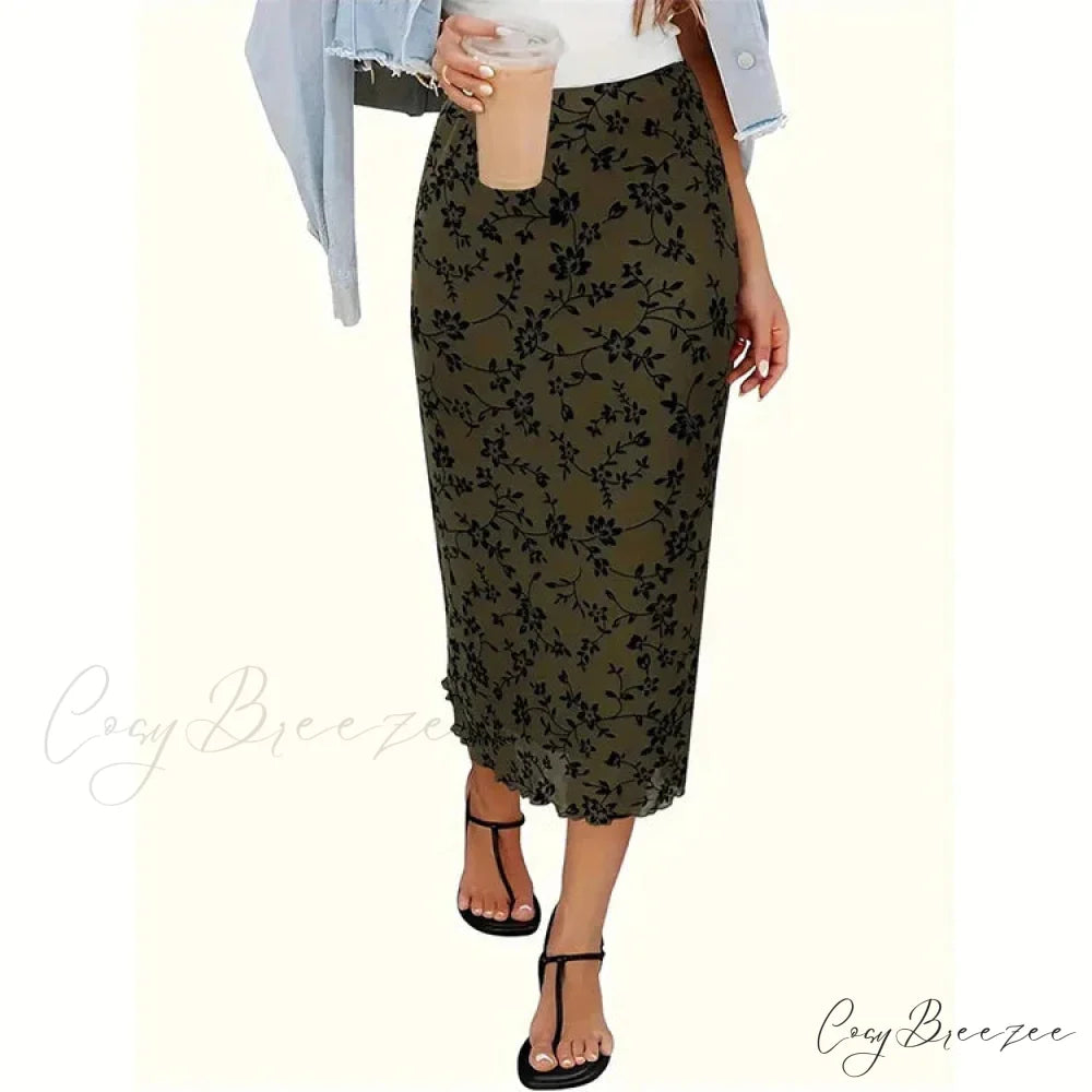 Stylish Floral Printed Tulle High Waist Loose Umbrella Skirt BLACK / S skirt-250126