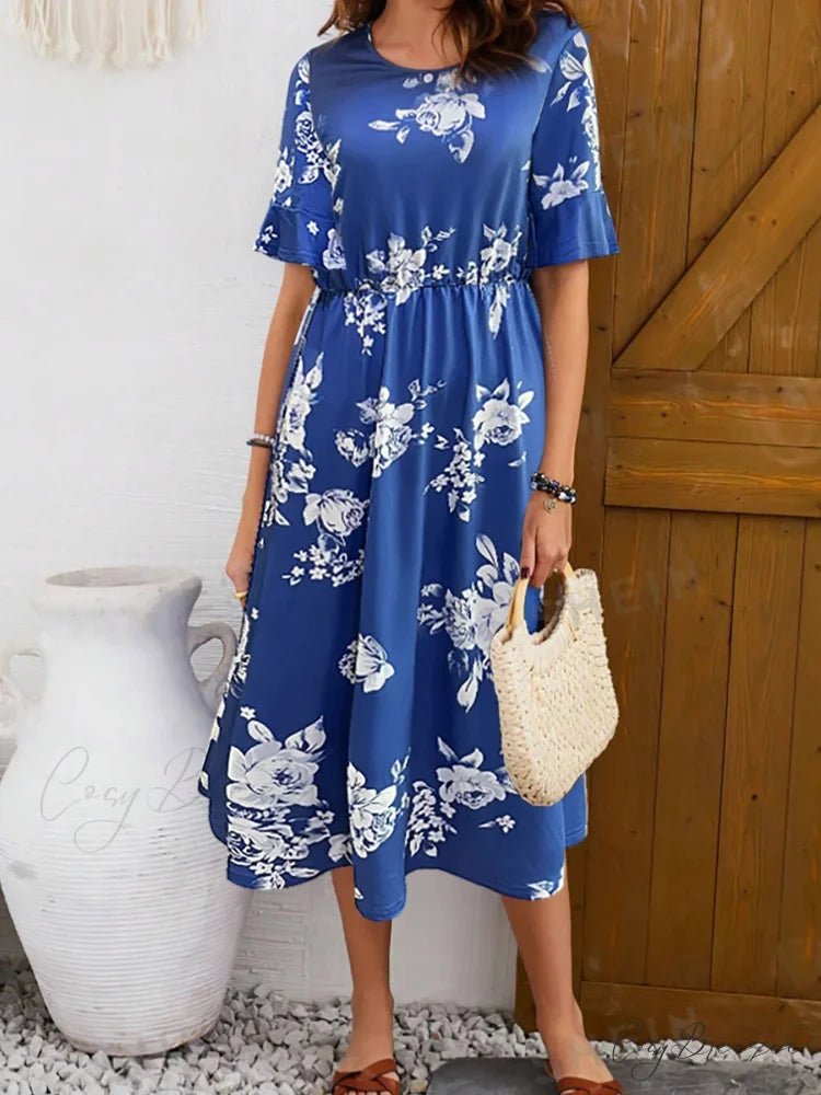 Stylish Printed Round Neck Short Sleeve Floral Dress blue / S oldfloraldress-250126