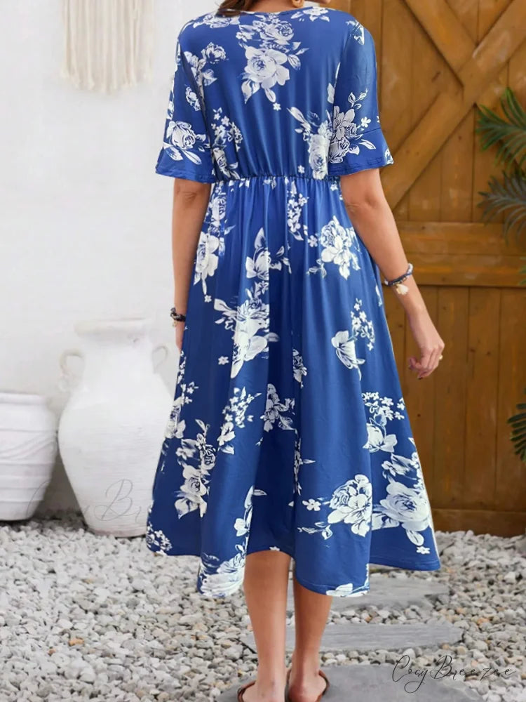 Stylish Printed Round Neck Short Sleeve Floral Dress oldfloraldress-250126