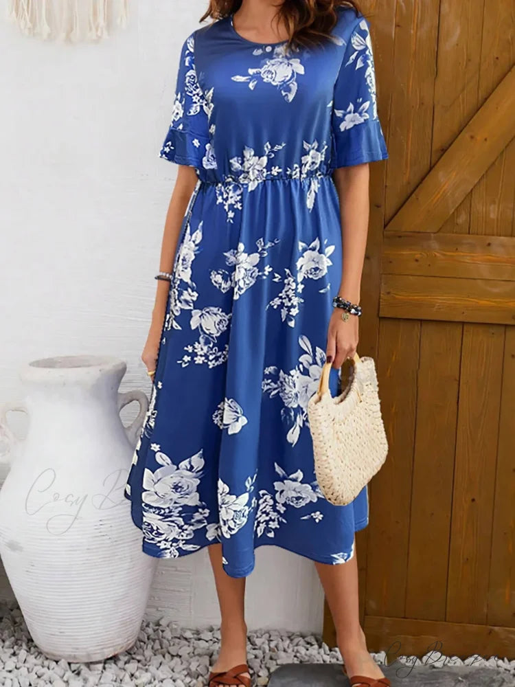 Stylish Printed Round Neck Short Sleeve Floral Dress oldfloraldress-250126