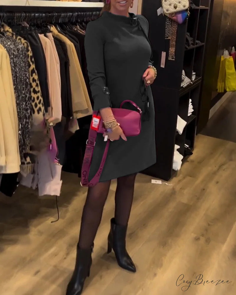 Stylish Round Neck Dress Black / S