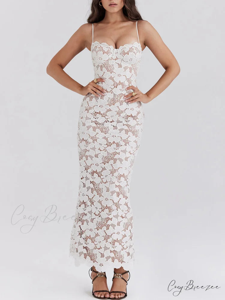 Stylish Sexy Lace Charming Halter See-Through Midi Dress