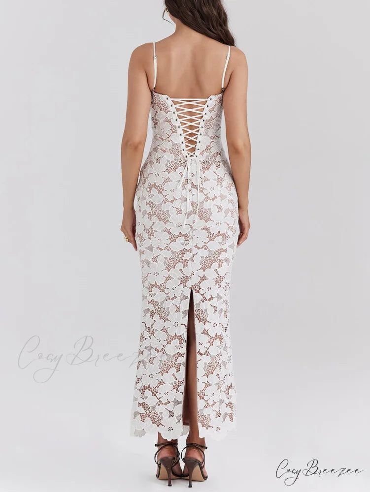 Stylish Sexy Lace Charming Halter See-Through Midi Dress