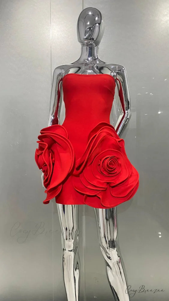 Stylish Stereoscopic Flowers Strapless Glamorous Christmas Party Dress Red / S