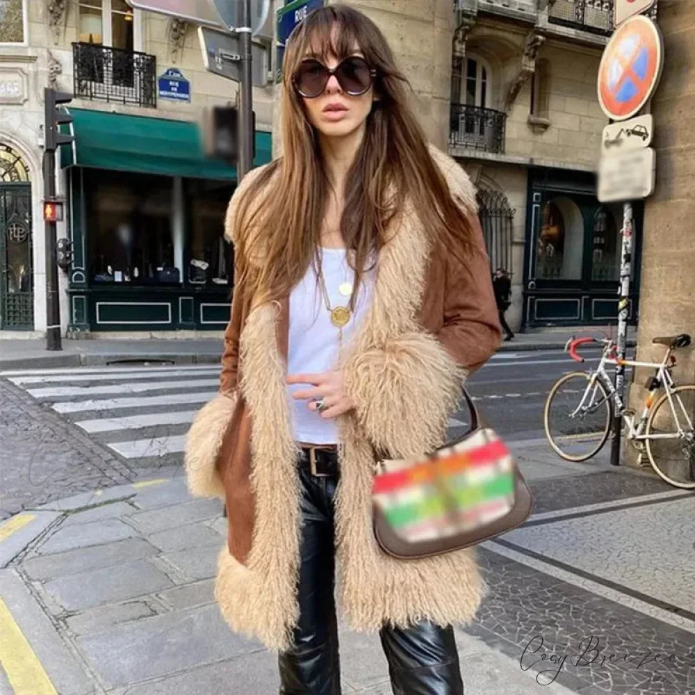 Suede Fur Lapel Long Sleeve Warm Coat Brown / S overcoats-241228