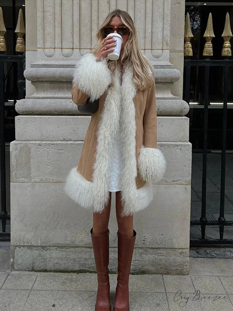 Suede Fur Lapel Long Sleeve Warm Coat overcoats-241228