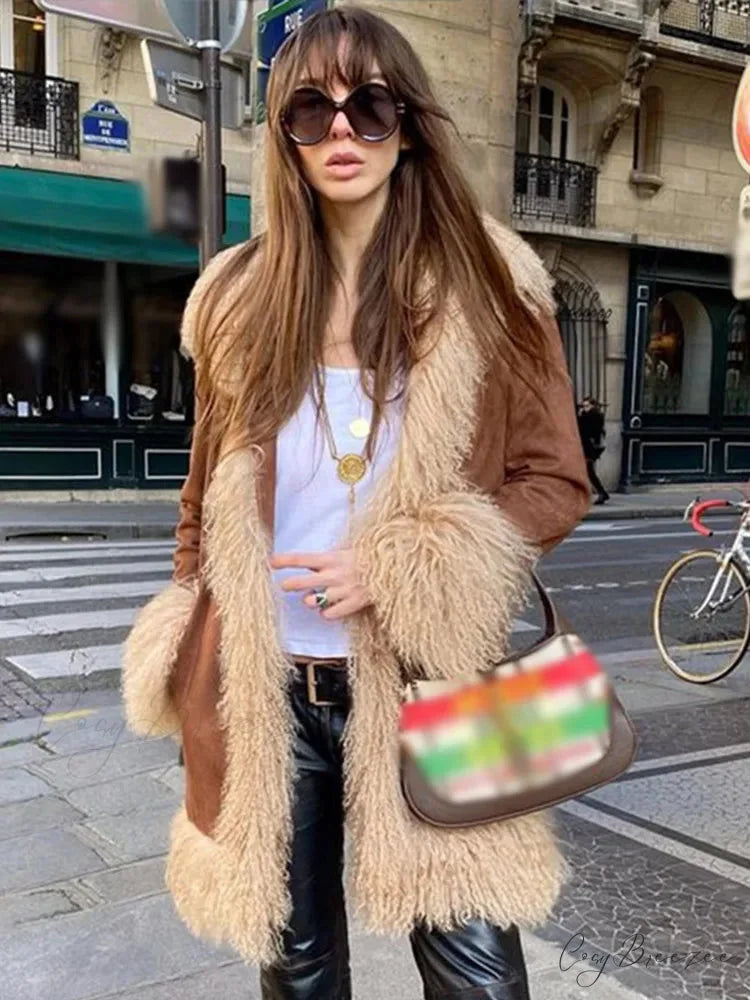 Suede Fur Lapel Long Sleeve Warm Coat overcoats-241228