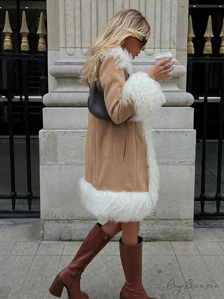 Suede Fur Lapel Long Sleeve Warm Coat overcoats-241228