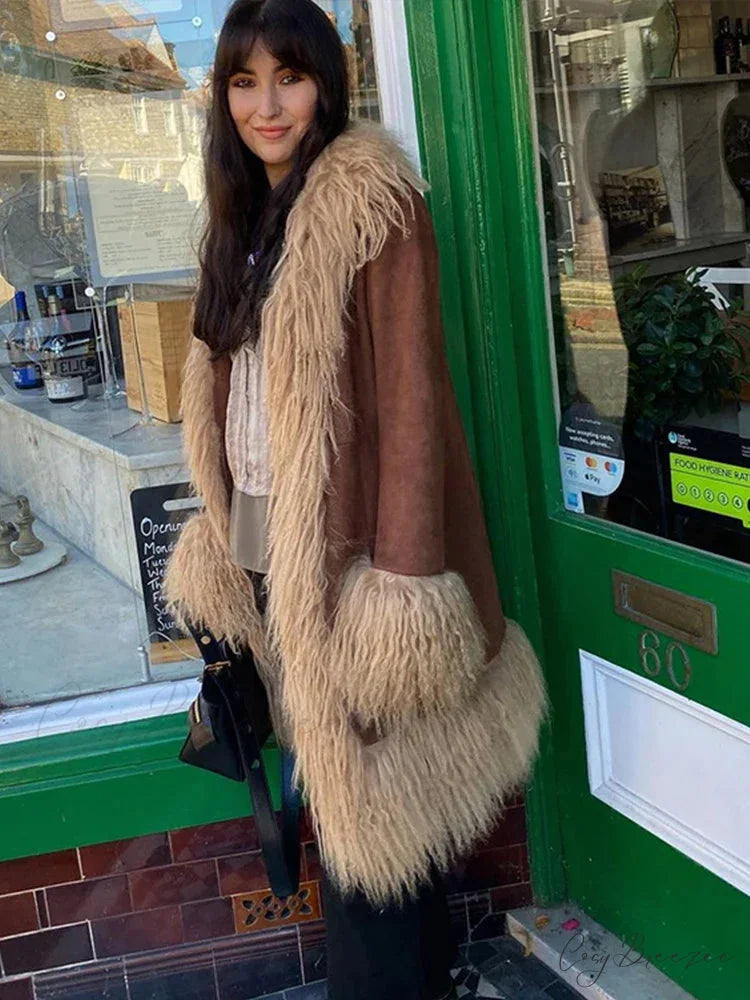 Suede Fur Lapel Long Sleeve Warm Coat overcoats-241228