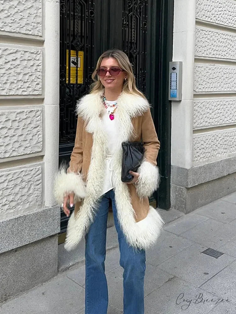Suede Fur Lapel Long Sleeve Warm Coat overcoats-241228