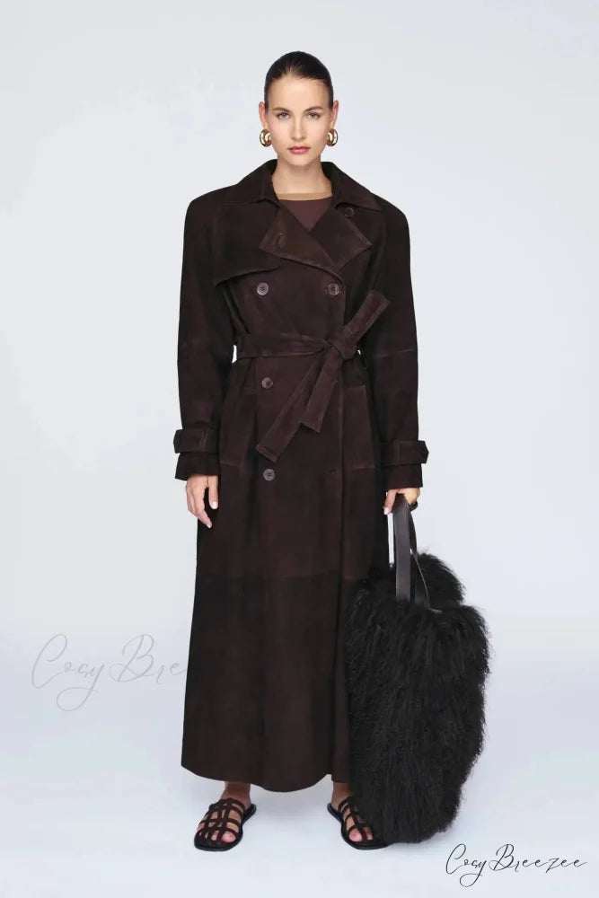Suede Leather Chocolate Belted Coat Dark brown / S overcoats-241228
