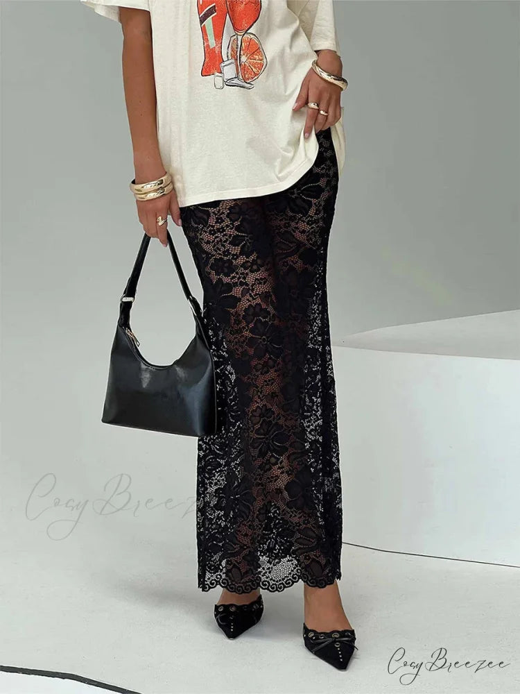 Summer Alluring Sheer Lace Floral Long Skirt Y2K Party skirt-250126