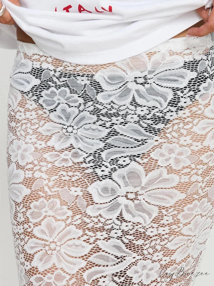 Summer Alluring Sheer Lace Floral Long Skirt Y2K Party skirt-250126
