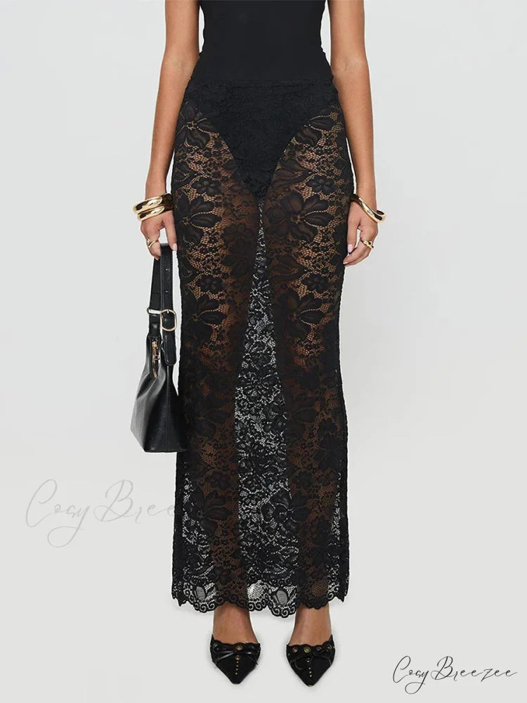 Summer Alluring Sheer Lace Floral Long Skirt Y2K Party Black / S skirt-250126