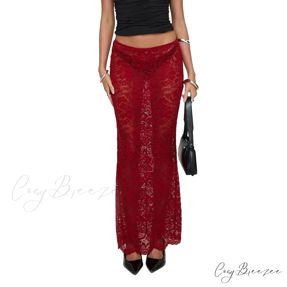 Summer Alluring Sheer Lace Floral Long Skirt Y2K Party Red / S skirt-250126